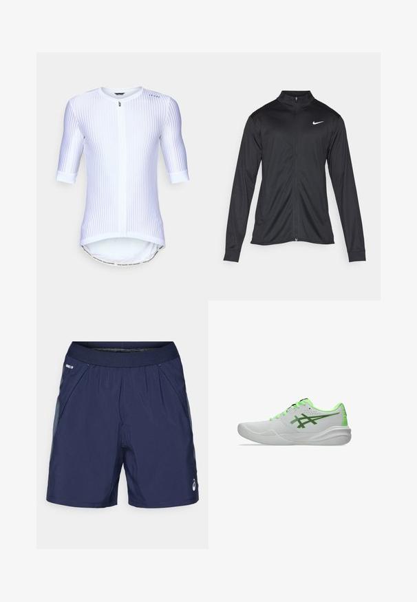 Chaqueta atlética negra con mangas largas, collar y cremallera completa. Presenta un sutil logo de Nike en blanco en la parte superior izquierda del pecho. Textura suave.; Jersey de ciclismo blanco con rayas verticales, mangas cortas, cremallera frontal, dobladillo redondeado y una banda de texto en contraste en la parte inferior.; Pantalones cortos deportivos de color azul marino con cintura elástica, bolsillos laterales y acentos en gris claro. Fabricados con tejido ligero y suave para mayor comodidad.; Zapatillas deportivas blancas con detalles en verde, un acabado suave, punta redondeada y una suela acolchada con una textura sutil y agujeros de ventilación.