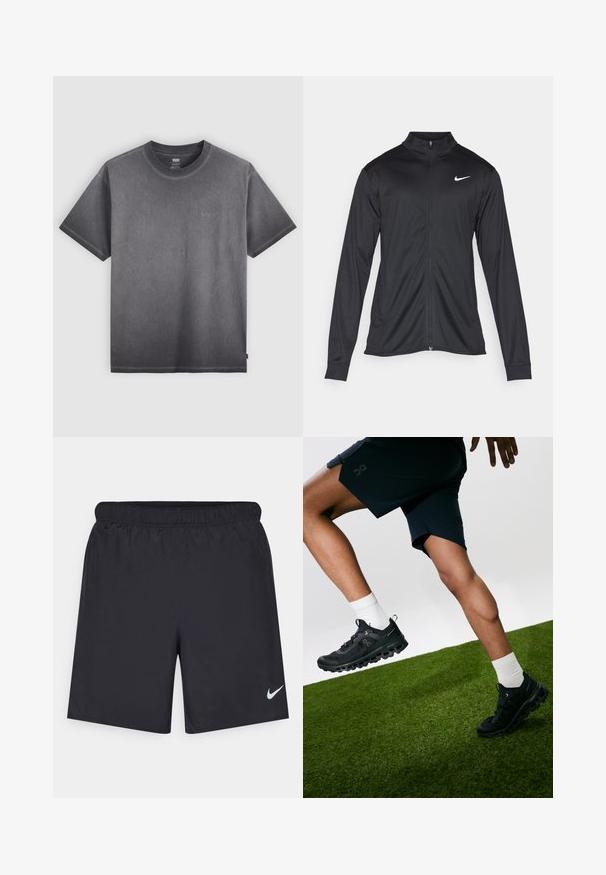Juodas sportinis švarkas su ilgomis rankovėmis, apykakle ir pilnu užtrauktuku. Yra subtilus baltas Nike logotipas kairėje krūtinės pusėje. Lygus tekstūra.; Pilkas medvilnės marškinėliai su apvalia iškirpte, trumpomis rankovėmis ir subtiliu logotipo akcentu ant krūtinės. Minkšta tekstūra ir laisvas siluetas.; Juodos sportinės šortai, pagaminti iš lengvos medžiagos, su elastingu juosmeniu. Ant apatinės kairės pusės yra mažas baltas Nike logotipas.; Juodos sportinės bateliai su tekstūruota tinkleliu ir išskirtiniu padu, derinami su baltais kojiniais ir tamsiomis šortais, ant žalios žolės fono.