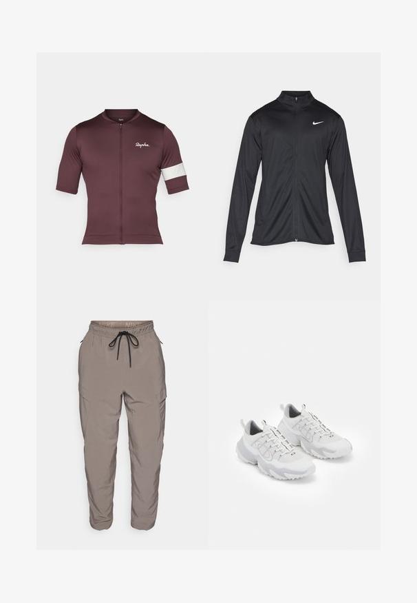 Jachetă sportivă neagră cu mâneci lungi, guler și fermoar complet. Prezintă un logo Nike subtil, alb, pe pieptul din stânga sus. Textură netedă.; Jachetă de ciclism burgundy din material respirabil, cu fermoar scurt, mâneci scurte și un accent în dungi albe pe braț.; Pantaloni cargo Nike în gri deschis, cu un tiv elastic și șnur, buzunare laterale și o croială ajustată. Textură de țesătură netedă.; Pantofi sport albi cu un material superior din plasă, accente gri, talpă din cauciuc texturată și niște mânere pe călcâi; prezintă un design cu sireturi.