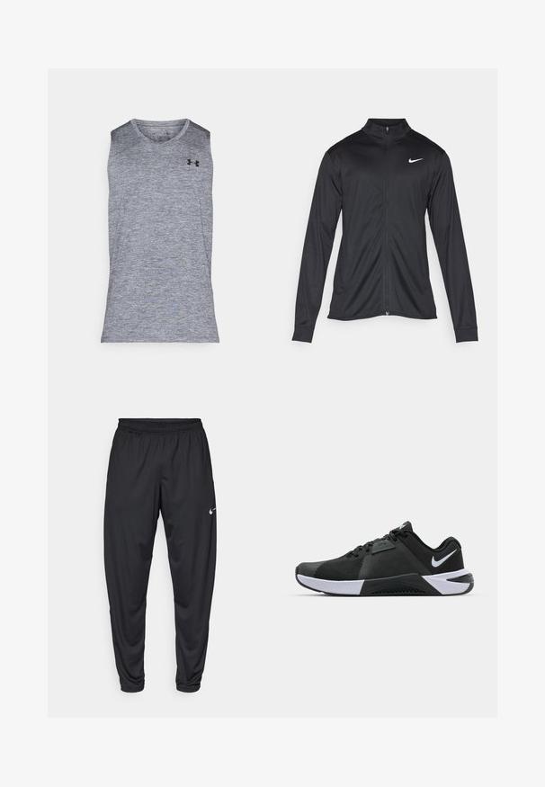 Černá sportovní bunda s dlouhými rukávy, límcem a plným zipem. Má decentní bílou logo značky Nike na horní levé části hrudi. Hladká textura.; Šedé sportovní tričko bez rukávů vyrobené z texturované tkaniny, která odvádí vlhkost. Má kulatý výstřih a černé logo na levém horním rohu.; Černé sportovní kalhoty s elastickým pasem, zúženými nohavicemi a malým bílým logem Nike na levém stehně. Hladká látka, bez vzorů.; Nike Performance METCON 10 - Sportovní boty - black/white/anthracite