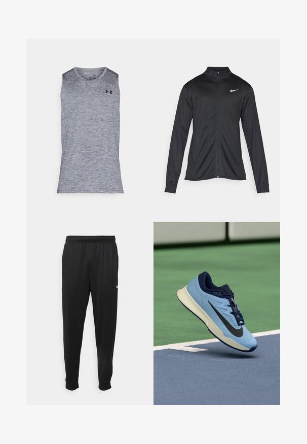Svart idrottsjacka med långa ärmar, krage och full dragkedja. Har en diskret Nike-logga i vitt på övre vänstra bröstet. Slät yta.; Grå ärmlös träningsskjorta gjord av ett strukturerat, fuktavledande material. Har en rund halsringning och en svart logotyp på övre vänstra sidan.; Svarta träningsbyxor i slät tyg, med elastisk midja, avsmalnande ben och en liten vit logotyp på vänster sida.; Ljusblå sportskor med marinblå detaljer, texturerad mesh-övre och svart Swoosh-logotyp. Har en dämpad mellansula och gummisula.