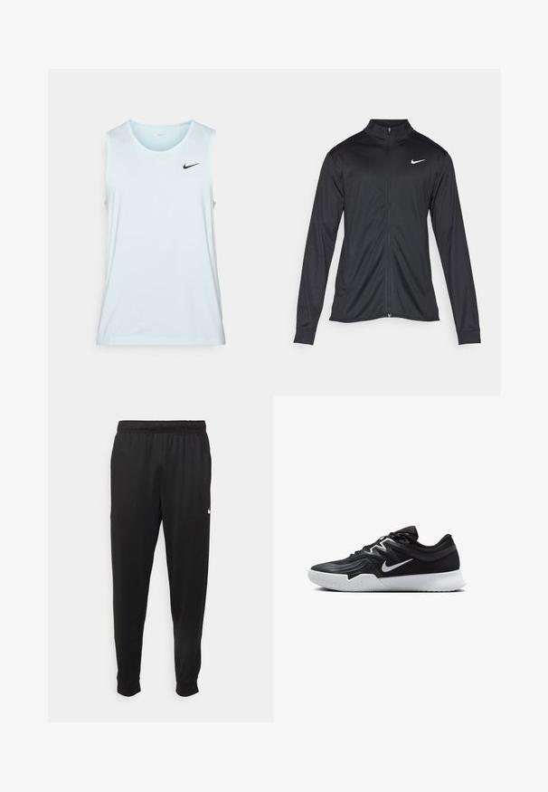 Black athletic jacket with long sleeves, collar, and full zipper. Features a subtle Nike logo in white on the upper left chest. Smooth texture.; Nike Performance HYVERSE TANK - Top - glacier blue/black; Black athletic pants made of smooth fabric, featuring an elastic waistband, tapered legs, and a small white logo on the left side.; Black athletic shoe with a textured upper, white Nike swoosh, and a white rubber outsole. Features a lace-up design and dynamic shape.