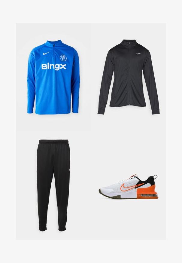Černá sportovní bunda s dlouhými rukávy, límcem a plným zipem. Má decentní bílou logo značky Nike na horní levé části hrudi. Hladká textura.; Modrý dlouhý rukáv sportovní top vyrobený z lehkého materiálu. Obsahuje poloviční zip na krku, logo Nike a branding "Bingx" na přední straně.; Černé sportovní kalhoty vyrobené z hladké tkaniny, s elastickým pasem, zúženými nohavicemi a malým bílým logem na levé straně.; Bílé sportovní boty s textura sítové vrstvy, černými a oranžovými akcenty, silnou gumovou podrážkou a průhlednou vzduchovou výplní v oblasti paty.
