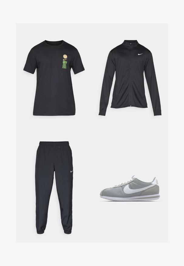 Sort atletisk jakke med lange ærmer, krave og fuld lynlås. Har et diskret Nike-logo i hvidt på den øverste venstre side af brystet. Glat tekstur.; Sort kortærmet t-shirt med en lille grafik af en basketball, gul Nike swoosh og grøn basketballnet på øverste venstre bryst.; Sorte træningsbukser lavet af letvægtsstof med elastisk talje, ankelsyninger og et diskret Nike-logo på venstre side.; Grå atletisk sko med overdækning i ruskind og tekstil, hvid Nike swoosh og hvide snørebånd. Har en struktureret gummisål og polstret krave.