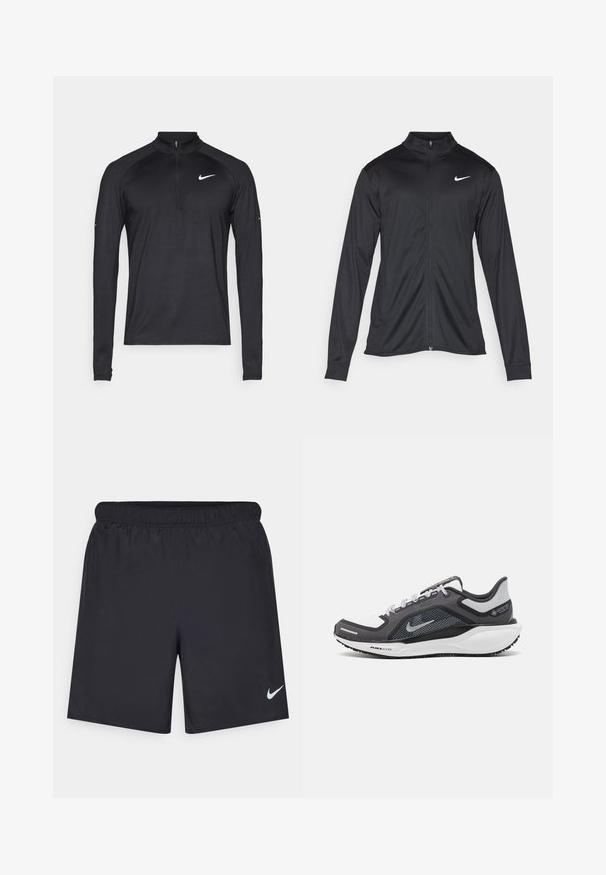 Giacca sportiva nera con maniche lunghe, colletto e zip completa. Presenta un logo Nike in bianco sulla parte superiore del lato sinistro del petto. Tessuto morbido.; Maglietta atletica nera a maniche lunghe con zip a quarto e logo Nike bianco a forma di baffo sul petto sinistro, esposta su uno sfondo neutro.; Shorts sportivi neri realizzati in materiale leggero con vita elastica. Presentano un piccolo logo Nike bianco sul lato sinistro in basso.; Scarpa da ginnastica nera e grigia con tomaia in rete, dettagli riflettenti e intersuola bianca. Presenta una suola in gomma testurizzata e lacci.