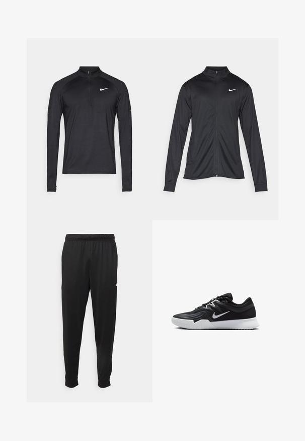 Melna sporta jaka ar garām piedurknēm, apkakli un pilnu rāvējslēdzēju. Uz kreisā krūts augšdaļas ir maigs Nike logo baltā krāsā. Gluda tekstūra.; Melna garo piedurkņu sporta krekls ar ceturtdaļas rāvējslēdzēju un balto Nike swoosh logo kreisajā krūtī, parādīts uz vienkārša fona.; Melnas sporta bikses, kas izgatavotas no gludas auduma, ar elastīgu jostu, sašaurinošām kājām un mazu balto logo kreisajā pusē.; Melni sporta apavi ar teksturētu virsu, balto Nike zulumu un balto gumijas zoli. Iezīmējas ar auklu pievilkšanas dizainu un dinamisku formu.
