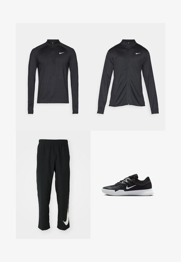 Jacket desportivo preto com mangas longas, colarinho e fecho zip completo. Apresenta um discreto logotipo da Nike em branco na parte superior do lado esquerdo do peito. Textura suave.; Camisa de desporto preta de manga longa com zipper até o quarto e o logótipo branco da Nike no peito esquerdo, exibida sobre um fundo simples.; Calças atléticas pretas com cintura elástica, design afunilado, apresentando um grande logótipo branco da Nike na perna esquerda. Tecido macio e leve.; Sapatilha atlética preta com um cabedal texturizado, swoosh branco da Nike e uma sola de borracha branca. Apresenta um design com atacadores e uma forma dinâmica.