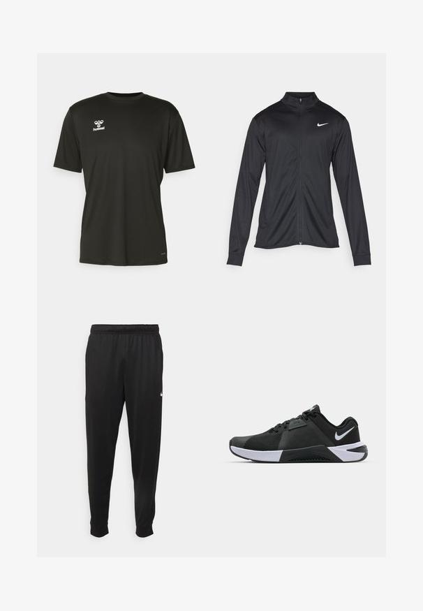 Jacket desportivo preto com mangas longas, colarinho e fecho zip completo. Apresenta um discreto logotipo da Nike em branco na parte superior do lado esquerdo do peito. Textura suave.; Camiseta preta de manga curta feita de tecido sintético, com um logo branco no lado esquerdo do peito e decote redondo. Textura suave.; Calças de desporto pretas feitas de tecido suave, com uma cintura elástica, pernas ajustadas e um pequeno logo branco no lado esquerdo.; Nike Performance METCON 10 - Sapatilha de treino - black/white/anthracite
