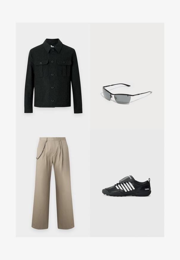 Črna volnena jakna z dolgimi rokavi, koničastim ovratnikom, sprednjim zapenjanjem na gumbe in dvema prsnih žepoma z zavihkom na gumbe na belem ozadju.; Črni pleteni pulover z vzorci kit in vafljev, z okroglim vratom, dolgimi rokavi ter rebrastimi manšetami in spodnjim robom.; Bež široke hlače z naborki spredaj in kovinsko verižico, pritrjeno na levi zank pasu za stil.; Črne športne čevlje z teksturirano zgornjšo ploščo, belimi črtastimi poudarki, oblazinjenim ovratnikom in črnim gumijastim podplatom. Imajo zanko za pomoč pri obuvanju in detajl "1964".; Sončne očala z elegantnim črnim kovinskim okvirom, temno sivo lečo in tankimi ročaji. Imajo nastavljive nosne blazinice in diskretno blagovno znamko ob strani.