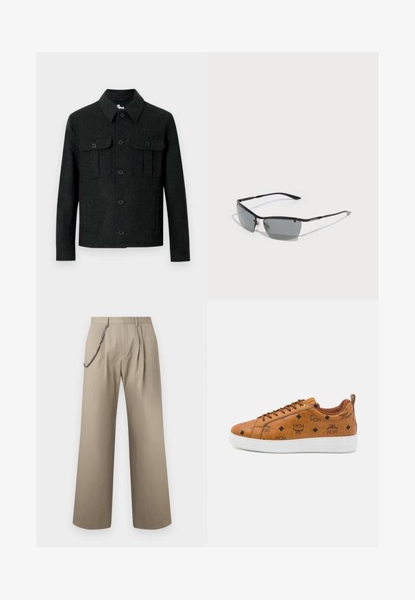 Zwarte wollen jas met lange mouwen, puntige kraag, knoopsluiting aan de voorkant en twee borstzakken met knoopflap tegen een witte achtergrond.; Zwarte gebreide trui met kabel- en wafeltjespatronen, ronde hals, lange mouwen en geribde boorden en zoom.; Beige wijde broek met plooien aan de voorkant en een metalen ketting bevestigd aan de linkerceintuurlus voor stijl.; Bruine leren sneakers met een reliëf MCM-logo, een diamantpatroon, een witte rubberen zool en contrasterende bruine veters.; Zonnebril met een slank zwart metalen frame, donkergrijze lenzen en dunne pootjes. Voorzien van verstelbare neuspads en subtiele branding aan de zijkant.
