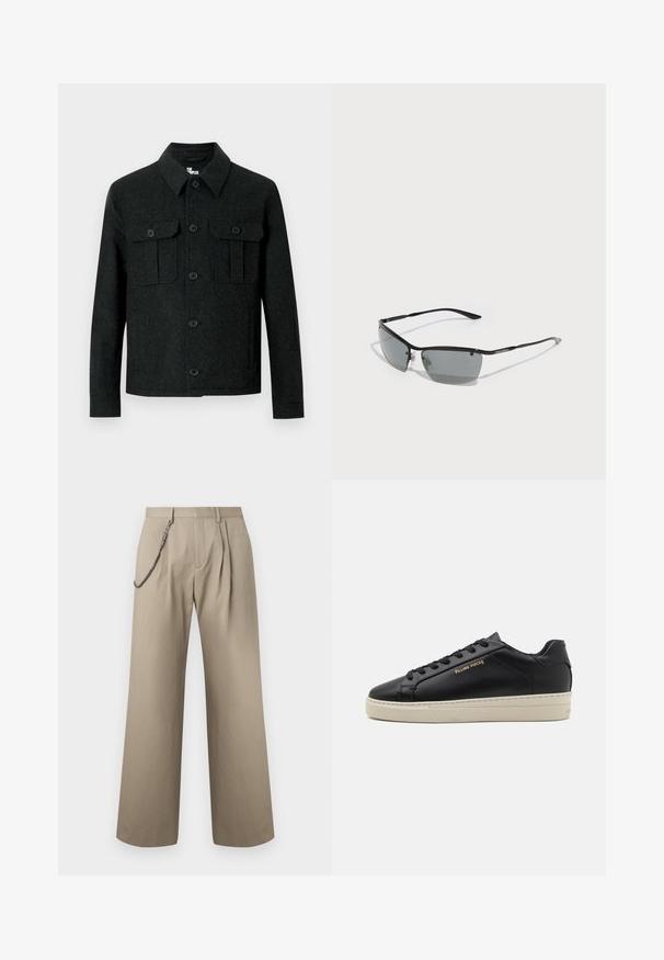 Czarna wełniana kurtka z długimi rękawami, szpiczastym kołnierzem, zapięciem na guziki oraz dwoma kieszeniami na piersi z patkami na guziki na białym tle.; Czarny sweter dziany z wzorami warkoczy i wafla, z okrągłym dekoltem, długimi rękawami oraz prążkowanymi mankietami i dołem.; Beżowe spodnie o szerokich nogawkach z przednimi plisami oraz metalowym łańcuszkiem przymocowanym do lewego szlufki paska dla stylu.; Czarne skórzane trampki o gładkiej powierzchni, kontrastująca kremowa podeszwa, zaokrąglony czubek, złote logo po boku i sześć oczek na sznurówki.; Okulary przeciwsłoneczne z gładką czarną metalową oprawką, ciemnoszarymi soczewkami i cienkimi zausznikami. Posiadają regulowane noski i subtelne logo z boku.