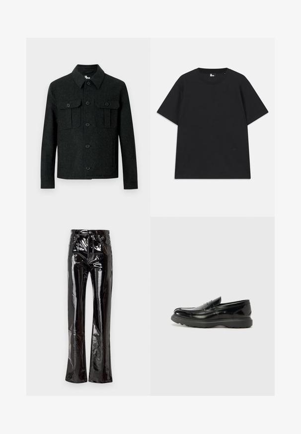 Mustast villast jakk pika varruka, terava krae, nööbitava eesosa ja kahe nööpidega kaetud rinnataskuga valgel taustal.; Must värviline lühikeste varrukatega T-särk, mis on valmistatud puuvillast, ümmarguse kaelusega ja väikese logo detailiga allääres. Sile tekstuur, regulaarne lõige.; Mustad, kõrge talje ja lõtvade säärtega püksid, mis on valmistatud läikivast vinüülmaterjalist, ees on taskud, lukuga sulgemine ja nähtavad õmblused.; Must musta nahk loafer läikiva viimistlusega, ümar varvas, delikaatsed õmblusdetailid ja paks kummist tallad vastupidavuse tagamiseks.