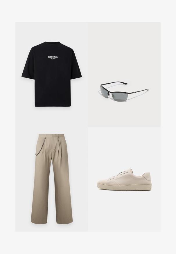 Schwarze Wolljacke mit langen Ärmeln, spitzem Kragen, durchgehender Knopfleiste und zwei Brusttaschen mit Knopflappen vor weißem Hintergrund.; Schwarzes Baumwoll-T-Shirt mit kurzen Ärmeln, rundem Ausschnitt und weißem Großbuchstaben-Text "DSQUARED2 MILANO" mittig auf der Vorderseite.; Beige Hosen mit weitem Bein, vorderen Falten und einer Metallkette, die aus Stilgründen an der linken Gürtelschlaufe befestigt ist.; Beige Leder-Sneaker mit glatter Oberfläche, abgerundetem Zehenbereich, flacher Sohle und klassischem Schnürdesign. Dezente Nähte und strukturierte Laufsohle.; Sonnenbrille mit einem schlanken schwarzen Metallrahmen, dunkelgrauen Gläsern und dünnen Bügeln. Verfügt über verstellbare Nasenpolster und dezente Markenkennzeichnung an der Seite.