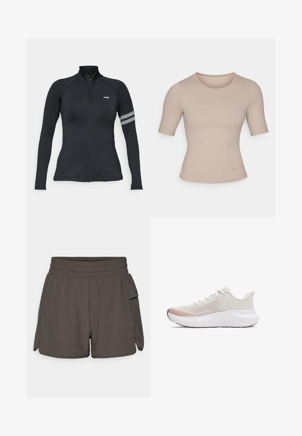 Black zip-up athletic jacket with long sleeves, featuring a high collar, raglan sleeves, and a reflective striped accent on the left arm.; Beige short-sleeve top in a fitted design, made of smooth fabric with a round neck. Features minimal stitching details and a tag at the hem.; Dark gray athletic shorts with an elastic waistband, featuring side pockets and a lightweight, smooth fabric. Short length with a relaxed fit.; Lightweight athletic shoes with a breathable white mesh upper, gradient pink accents, and a thick white sole with textured detailing.