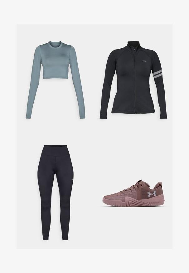 Schwarze sportliche Zip-Jacke mit langen Ärmeln, hochgeschnittenem Kragen, Raglanärmeln und einem reflektierenden Streifenakzent am linken Arm.; Langärmliges, cropped Oberteil aus weichem, dehnbarem hellblauen Stoff mit einem runden Ausschnitt und dezentem Logo-Detail in der Mitte vorne.; Hochgeschnittene schwarze Leggings aus elastischem Material mit einer glatten Textur und einem kleinen Logo am unteren Bein. Figurbetonter Schnitt.; Dunkelpinke Sportschuhe mit strukturiertem Mesh-Obermaterial, Gummisohle und ausgeprägtem Grip-Muster; verfügt über ein Logo an der Seite und einen gepolsterten Schaft.