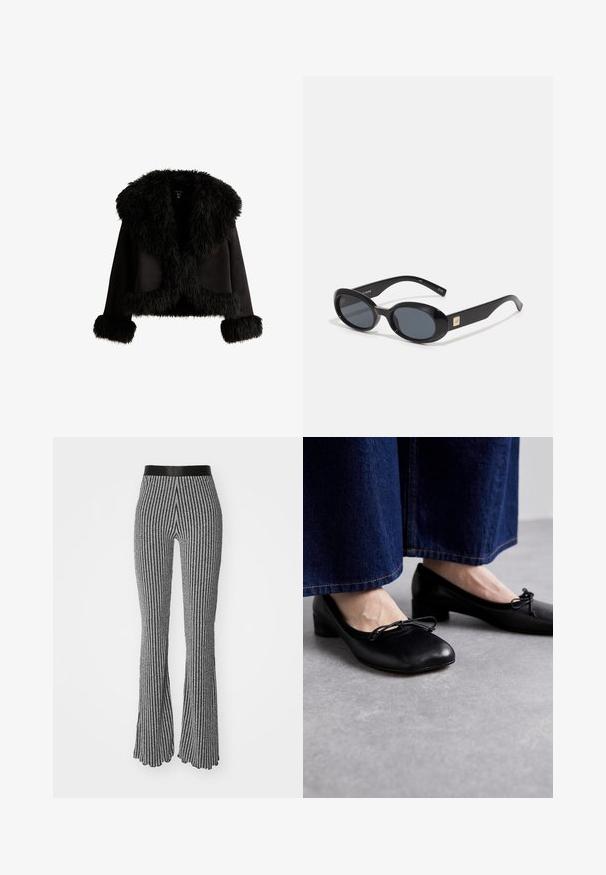 Zwarte cropped jas met grote donzige bontkraag, bontafwerking langs de zoom en manchetten, weergegeven op een witte achtergrond.; Zwarte lange mouw crop top van lichtgewicht stof, met een ronde halslijn en een aansluitende silhouet, met schone naden en zonder versieringen.; Gebreide flared broek in zwart en wit, met verticale strepen, een aansluitende tailleband en een textuurstof met een lichte glans.; Zwarte leren schoenen met een vierkante neus en een kleine hak, versierd met een decoratieve strik aan de voorkant. G gedragen met donkere spijkerbroek.; Zwarte ovale zonnebril met donkere lenzen, glanzend kunststof frame, brede zijkanten en een kleine gouden accent aan de zijkant.
