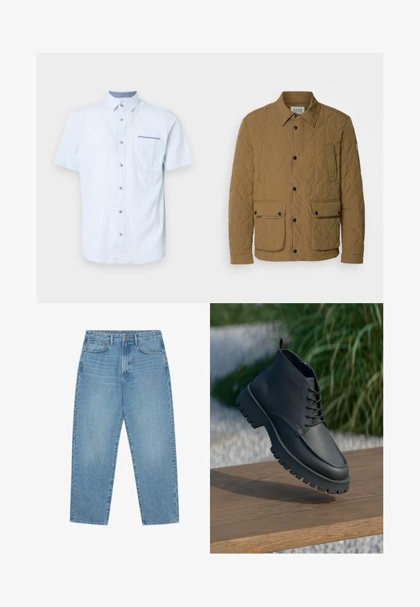 Prešívaná bunda v tmavej béžovej farbe, s špicatým golierom, čiernymi zapínacími gombíkmi a štyrmi vreckami s kontrastným prešívaním. Mäkká, textúrovaná tkanina.; Svetlomodrá košeľa s krátkym rukávom vyrobená z mäkkého materiálu, s gombíkovým zapínaním, jednou náprsníkou a kontrastným detailom na golieri.; Svetlo modré džíny s širokými nohavicami a vysokým pásom, s piatimi vreckami, pútkami na opasok a jemnou, mierne vyblednutou štruktúrou.; Čierna kožená členková čižma so zaoblenou špičkou, šnúrkami a hrubou, robustnou podrážkou s hlbokým dezénom. Vystavená na drevenom povrchu.