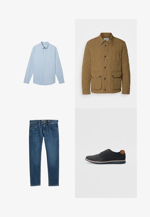 Giacca trapuntata in beige scuro, con colletto a punta, bottoni a pressione neri e quattro tasche con cuciture a contrasto. Tessuto morbido e testurizzato.; Camicia azzurro chiaro a maniche lunghe realizzata in tessuto con un motivo testurizzato, dotata di colletto button-down e una tasca sul petto.; Jeans in denim di colore blu scuro con taglio dritto, design a cinque tasche e cuciture visibili lungo le cuciture. Presentano una zip e un’etichetta con logo.; Scarpe sintetiche nere con tomaia testurizzata, dettagli lisci, tacco marrone e suola a contrasto. Presentano una lacerazione minimale e dettagli di cucitura.