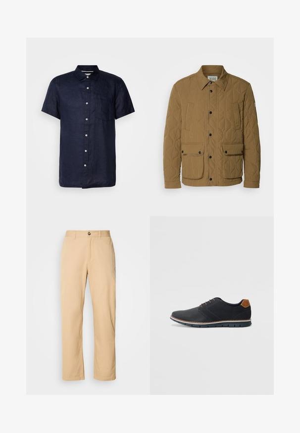 Quiltet jakke i mørk beige, med spiss krage, sorte trykknapper og fire lommer med kontrasterende søm. Myk, teksturert stoff.; Kortermet skjorte i marineblå lin med knapp-utfoldet krage, brystlomme og hvite knapper, med teksturert stoff og rett kant.; Kaki bomullsbukser med rett ben-design, med frontlukkeknapp og beltehemper. Glatt tekstur og ensfarget overflate.; Sorte syntetiske sko med en teksturert overdel, glatte detaljer, brun hæl og en kontrastfarge på sålen. Har minimalt snøring og sømdetaljer.