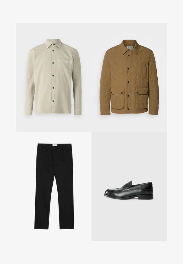 Tikkivesti tumepruunis, millel on terav krae, mustad nupud ja neli taskut kontrastsete õmblustega. Pehme, tekstuurne kangas.; Pitkähihaisessa nappikauluspuserossa on vaaleanbeige kangas. Siinä on teräväkaulus, rintatasku ja mustat napit. Yksinkertainen, teksturoitu muotoilu.; Mustat suorat farkut, joissa on viisi taskua, napilla ja vetoketjulla varustettu sulkeminen, sekä Pier One -brändilogo vyötärölle.; Mustat nahka loafersit, joissa on sileä pinta, ommeltu yksityiskohta vampin yli ja hieman kohotettu korko.