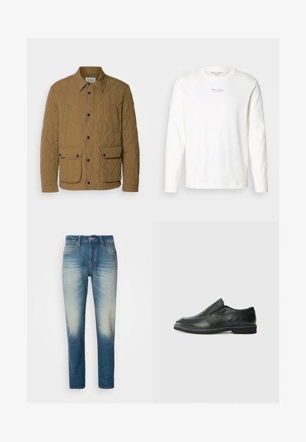 Tikkivesti tumepruunis, millel on terav krae, mustad nupud ja neli taskut kontrastsete õmblustega. Pehme, tekstuurne kangas.; Pitkähihainen valkoinen puuvillapaita. Ominaisuudet: pyöreä pääntie ja pieni musta logoteksti keskitettynä rinnassa. Pehmeä rakenne, rento muotoilu.; Vaaleansiniset farkut, joissa on kulunut pinta, viisi taskua, nappisuljenta, suora lahjemuoto ja erottuvat ompeludetaljit.; Musta nahkainen liukujalkine, jossa on sileä pinta, ommeltuja yksityiskohtia, pyöristetty kärki ja matala kumipohja. Pohjassa on minimaalinen pito.