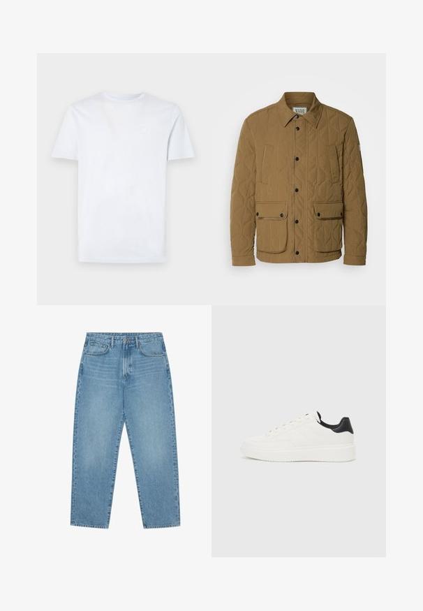 Quiltet jakke i mørk beige, med spiss krage, sorte trykknapper og fire lommer med kontrasterende søm. Myk, teksturert stoff.; Hvit bomull t-skjorte med korte ermer, rund hals og et lite, lysfarget kvadratlapp på venstre bryst.; Lyseblå denim brede benbukser med høy midje, som har fem lommer, beltehemper og en myk, lett falmet tekstur.; Hvit lær sneaker med preget mønster, teksturert hvit mellomsole og svart hælakkent. Har rund tå og flate lisser.