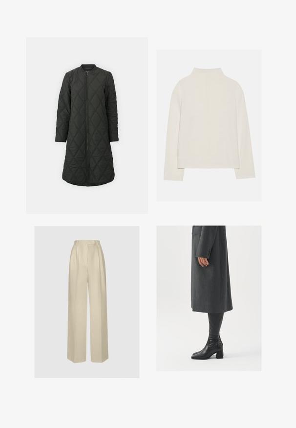 Gesteppten schwarzen Mantel mit einem Rautenmuster, langen Ärmeln, geripptem Kragen und einer vorderen Reißverschlussöffnung, mit einem geraden, knielangen Design.; Cremfarbener Langarmtop mit hohem Kragen, weicher Textur und lockerer Passform. Nahtlose Schultern und gerader Saum mit seitlichen Schlitzen.; ANDIATA GYTTA - Stoffhose - champagne; Grau, maßgeschneiderter Überwurf mit geradem Schnitt; kombiniert mit knöchelhohen, schwarzen Lederstiefeln mit quadrater Zehenform und klobigem Absatz.
