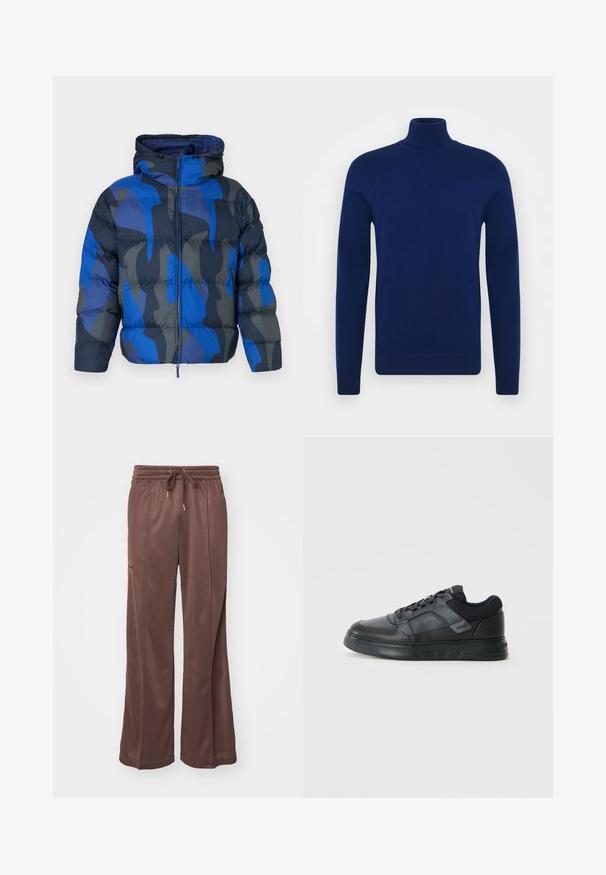 Polstret jakke med hette, med et blått og grått abstrakt mønster. Laget av skinnende, lett materiale, med glidelås foran og elastiske mansjetter.; Marineblå høyhalset genser laget av glatt strikket stoff. Lange ermer og figursydd design med ribbestrikkede detaljer ved kragen og kanten.; Brune, vide bukser laget av myk stoff, med elastisk liv med snor og sidelommer. Jevn tekstur.; Svarte joggesko med en glatt skinnoverdel, mesh-detaljer, perforerte detaljer og en teksturert gummisåle med lav profil.