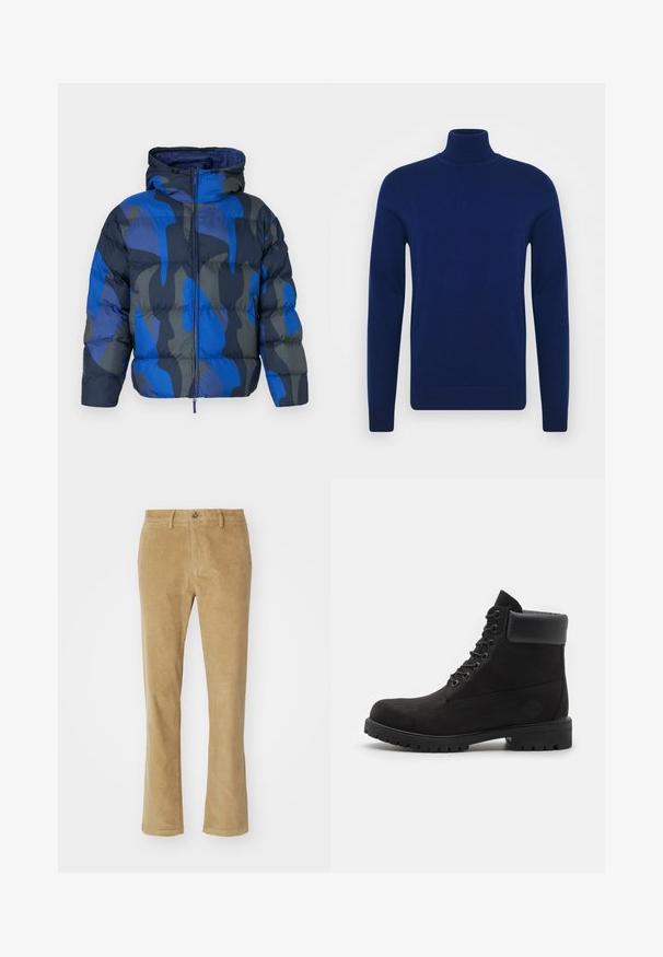 Padded jacket with a hood, featuring a blue and gray abstract pattern. Made of shiny, lightweight material, with a front zipper and elastic cuffs.; Navy blue turtleneck sweater made of smooth knit fabric. Long sleeves and fitted design with ribbed accents at the collar and hem.; DOCKERS SMART FLEX MOTION SLIM - Chinos - harvest gold corduroy; Black lace-up ankle boot with padded collar and rugged sole, shown in profile against a white background.