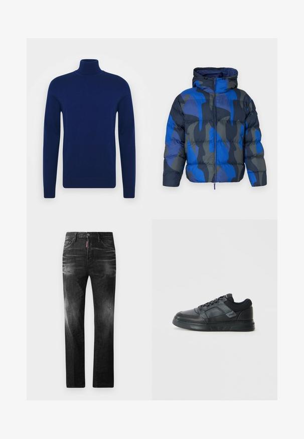 Giacca imbottita con cappuccio, caratterizzata da un motivo astratto blu e grigio. Realizzata in materiale lucido e leggero, con zip frontale e polsini elasticizzati.; Maglione doppiato blu navy realizzato in tessuto a maglia liscia. Maniche lunghe e design aderente con dettagli a coste sul colletto e sull'orlo.; Jeans in denim nero con vestibilità dritta. Presentano aree sbiadite, leggeri segni di usura, classico design a cinque tasche e chiusura con bottone.; Sneaker nere con tomaia in pelle liscia, dettagli in mesh, forature e suola in gomma testurizzata con design a profilo basso.