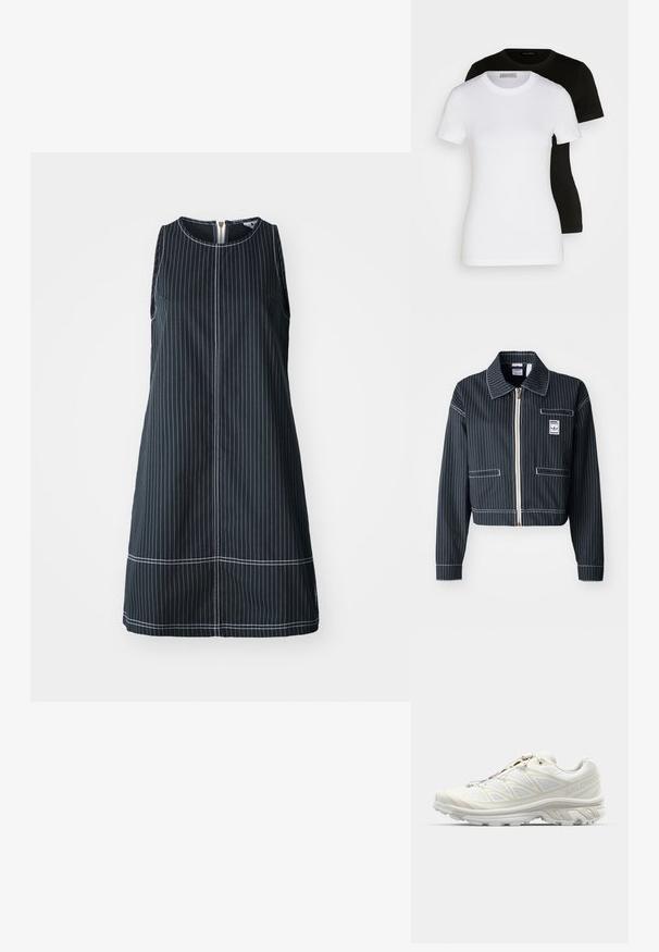 Svart croppet jakke med hvite pinstriper, glidelås foran, spiss krage, én brystlomme og logoetikett. Laget av et teksturert stoff.; Uten ermene marineblå kjole med hvite vertikale striper, rund hals og glidelås bak. Har en rett fasong og kontrasterende sømdetaljer.; To korte ermer T-skjorter i svart og hvit. Laget av glatt bomull, med klassisk rund hals og vanlig passform.; Hvit løpesko med pustende mesh-overdel, teksturerte detaljer og polstret såle. Har et hurtiglissesystem for enkel tilpasning.