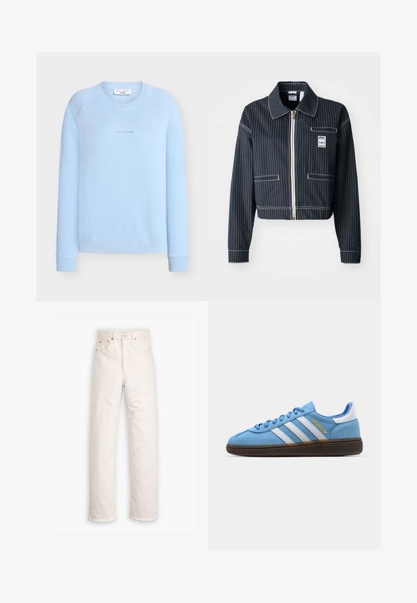 Czarna krótka kurtka z białymi prążkami, z zapięciem na zamek, z wyłogowym kołnierzem, jedną kieszenią na piersi oraz metką z logo. Wykonana z teksturowanej tkaniny.; Jasnoniebieska bluza z okrągłym dekoltem, ściągaczami na mankietach i u dołu. Na środku znajduje się subtelne logo. Wykonana z miękkiego materiału.; Białe dżinsy z prostymi nogawkami, pięcioma kieszeniami i mosiężnymi detalami. Surowe wykończenie na nogawkach.; Jasnoniebieskie zamszowe trampki z białymi skórzanymi paskami, brązową teksturowaną podeszwą i złotym logo. Niskoprofilowy design z zaokrąglonym czubkiem.
