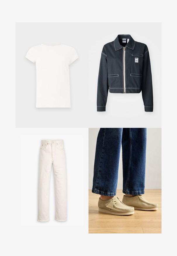 Black cropped jacket with white pinstripes, zip front, pointed collar, one chest pocket, and logo label. Made from a textured fabric.; White short-sleeve t-shirt featuring a round neckline and a smooth cotton texture. Simple design with no patterns or accents.; White denim jeans with a straight-leg design, five-pocket style, and copper hardware accents. Raw hem finish at the ankles.; Beige suede shoes with rounded toes and a low profile. Features lace-up design and stitched accents. Worn with cropped blue jeans.