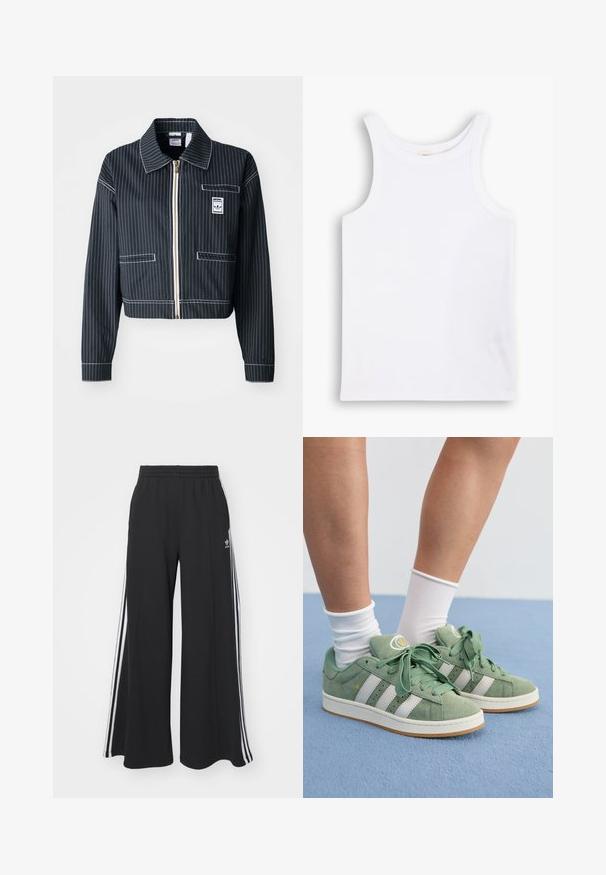 Svart croppet jakke med hvite pinstriper, glidelås foran, spiss krage, én brystlomme og logoetikett. Laget av et teksturert stoff.; Hvit bomulls tanktop med brede skulderstropper, rund halslinje og en glatt, ribbet tekstur. Ingen mønstre eller aksenter present.; Svart vide joggebukser med elastisk midjebånd, med hvite sidestriper og brodert logo på venstre lår.; Grønn semsket sneakers med hvite striper. Med runde lisser, en teksturert tunge og en sirkulær logo på tungen.