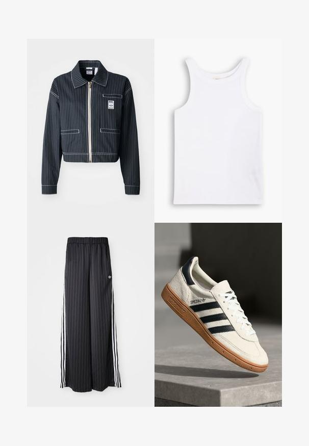 Casaco curto preto com riscas brancas, fecho com zíper à frente, gola pontuda, um bolso no peito e etiqueta de logotipo. Feito de um tecido texturizado.; Camisola de algodão branca, sem mangas, com alças largas, gola redonda e uma textura lisa e canelada. Sem padrões ou detalhes presentes.; Calças largas pretas com riscas verticais brancas, cintura elástica e três riscas brancas nas laterais. Logótipo da Adidas na frente.; Sapatilha branca em camurça com riscas azuis-marinho, sola de borracha em goma, parte superior texturizada, bico redondo e atacadores; apresenta branding na lateral e na língua.