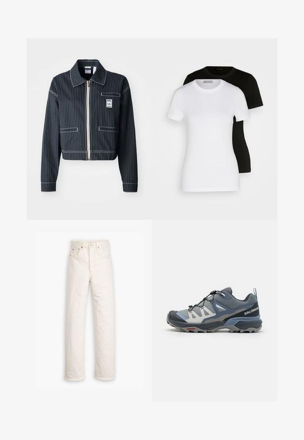 Must mustriga mustris, valge triibuga sääritud must jakk, tõmblukuga esiküljel, terava kraega, ühe rinnataskuga ja logotähisega. Valmistatud struktuurse kangaga.; Kaks lühikeste varrukatega T-särki must ja valge. Valmistatud siledast puuvillast, klassikalise ümmarguse kaeluse ja tavapärase lõikega.; Valged teksased sirge jala disainiga, viie taskuga stiilis ja vasest detailide aktsentidega. Toorik lõpp äärtes.; Salomon X ULTRA 360 - Matkajalatsid - sharkskin/grisaille/stonewash