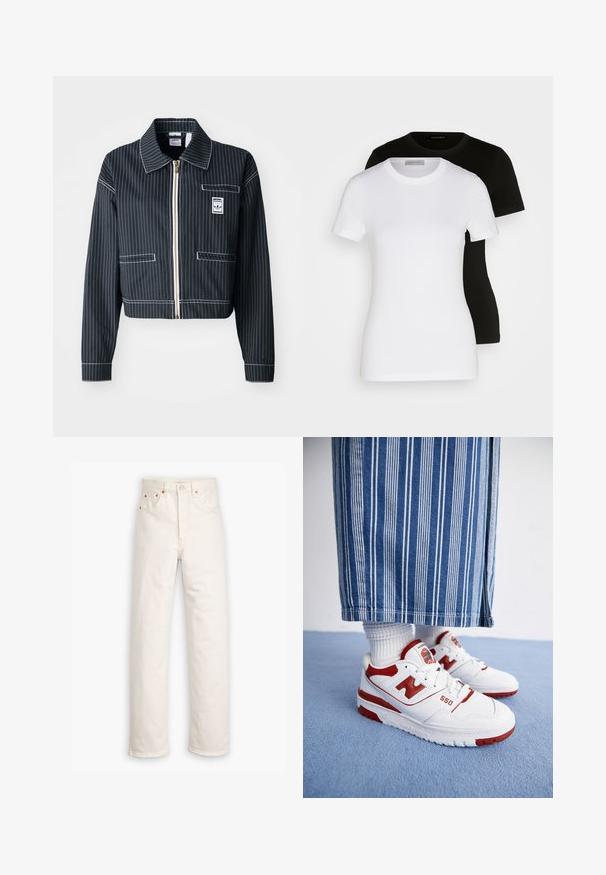 Fekete, rövidített kabát fehér csíkozással, cipzáros előlappal, hegyes gallérral, egy mellzsebbel és logó címkével. Texturált anyagból készült.; Két rövid ujjú póló fekete és fehér színben. Simogatós pamutból készült, klasszikus kerek nyakkivágással és normál fazonnal.; Fehér farmeregyenes lábszárral, öt zsebes stílusban, réz hardver díszítéssel. Nyers szegés a bokáknál.; Fehér és piros New Balance 550 tornacipők perforált díszítésekkel és vastag gumitalpakkal, fehér bordás zoknikkal és csíkos farmernadrággal párosítva.