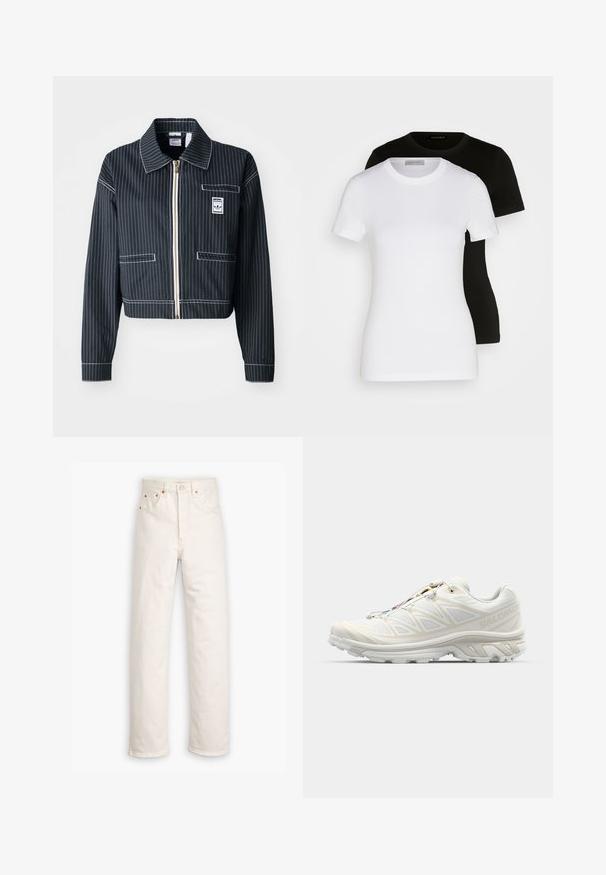 Juoda trumpa striukė su baltais dryžiais, užtrauktuku priekyje, smailiu apykakle, viena krūtinės kišenė ir logotipo etikete. Pagaminta iš tekstūruoto audinio.; Du grietos rankovės T-marškiniai juodos ir baltos spalvos. Pagaminti iš lygaus medvilnės, su klasikine apvalia iškirpte ir įprastu pritaikymu.; Balti džinsai su tiesiais kojom, penkių kišenių stilius ir vario detalės. Neapdorotas apdailos kraštas ties kulkšnimis.; Baltos bėgimo bateliai su kvėpuojančia tinklelio medžiaga, tekstūruotais akcentais ir paminkštintu padu. Ypatybė - greito užrišimo sistema, skirta lengvam pritaikymui.