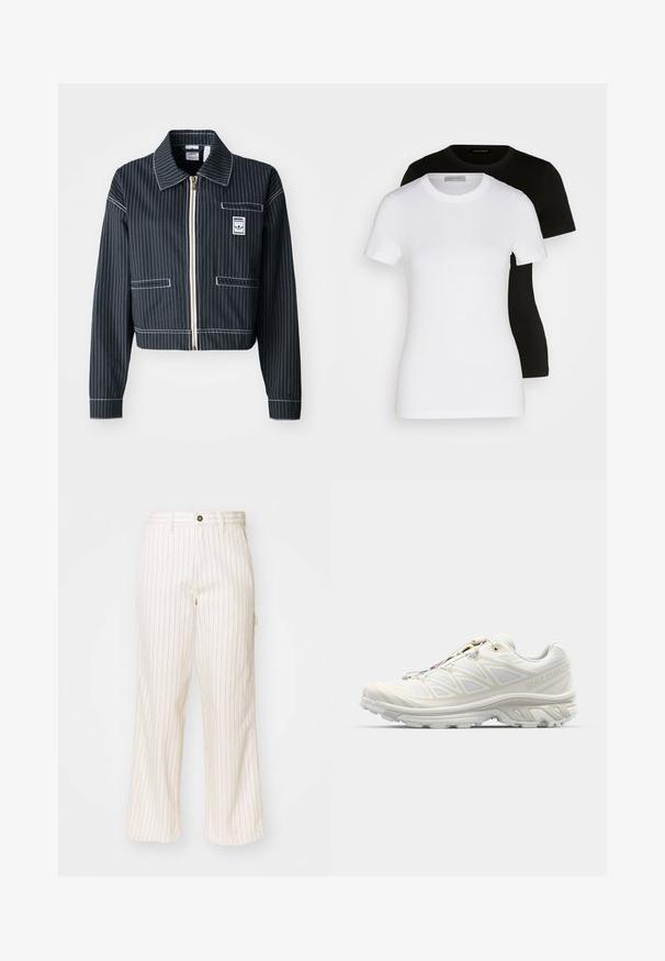 Melnā īsā jaka ar baltām svītrām, ar rāvējslēdzēju priekšā, ar norādītu apkakli, vienu krūšu kabatu un logotipa uzlīmi. Izgatavota no strukturētas auduma.; Divi īsām piedurknēm T-krekli melnā un baltā krāsā. Izgatavoti no gludas kokvilnas, ar klassisku apaļu kakla izgriezumu un regulāru piegriezumu.; Platformas bikses krēmkrāsas audumā ar plānām sarkanām vertikālām svītrām. Ievērojama pogu aizdare un priekšējās kabatas, patīkama faktūra.; Baltas sporta apavu modelis ar elpojošu acs augšdaļu, teksturētām akcentēm un mīkstu zoli. Aprīkoti ar ātru sašūšanas sistēmu ērtai pielāgošanai.
