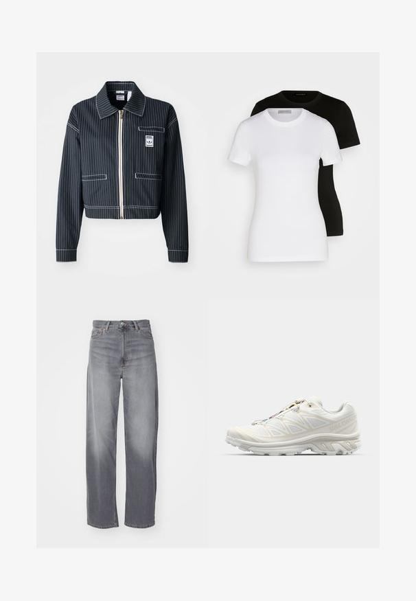 Melnā īsā jaka ar baltām svītrām, ar rāvējslēdzēju priekšā, ar norādītu apkakli, vienu krūšu kabatu un logotipa uzlīmi. Izgatavota no strukturētas auduma.; Divi īsām piedurknēm T-krekli melnā un baltā krāsā. Izgatavoti no gludas kokvilnas, ar klassisku apaļu kakla izgriezumu un regulāru piegriezumu.; Weekday RAIL MID LOOSE STRAIGHT - Džinsi ar taisnām starām - misty grey; Baltas sporta apavu modelis ar elpojošu acs augšdaļu, teksturētām akcentēm un mīkstu zoli. Aprīkoti ar ātru sašūšanas sistēmu ērtai pielāgošanai.