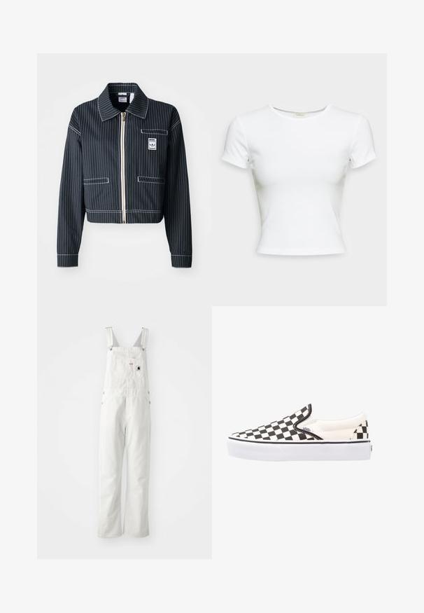 Črn skrajšan jopič z belimi črtami, z zadrgo spredaj, s koničastim ovratnikom, enim prsnim žepom in oznako logotipa. Narejen iz teksturirane tkanine.; Bela kratka majica s kratkimi rokavi, izdelana iz gladkega bombažnega blaga. Ima preprost okrogli izrez in prilega se telesu. Brez vzorcev ali dodatkov.; Bele bombažne naramenice z nastavljivimi trakovi, sprednjim žepom in stranskimi gumbki; ohlapen kroj s ravnimi nogavicami; minimalna vidna šivanka.; Črno-bele kariraste slip-on Vans čevlje s platnenim zgornjim delom, gumijastim podplatom in oblazinjeno ovratnikom. Raven, okrogla konica s belimi detajli na podplatu.