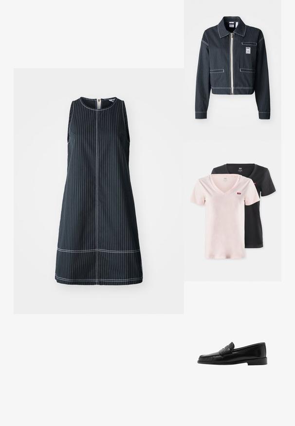 Jachetă neagră, scurtă, cu dungi albe, cu fermoar frontal, guler ascuțit, o buzunar pe piept și etichetă cu logo. Fabricată dintr-un material texturat.; Set de două tricouri cu decolteu în V, în roz deschis și negru. Fabricate dintr-un material moale, au mâneci scurte și un logo mic pe partea stângă a pieptului.; Rochie fără mâneci, de culoare bleumarin, cu dungi verticale albe, decolteu rotund și fermoar la spate. Prezintă o croială dreaptă și detalii de cusătură contrastante.; Pantof cu talpă plată din piele neagră, cu o siluetă curbată, bandă decorativă, cusături texturate și talpă din cauciuc. Finisaj neted și design elegant.