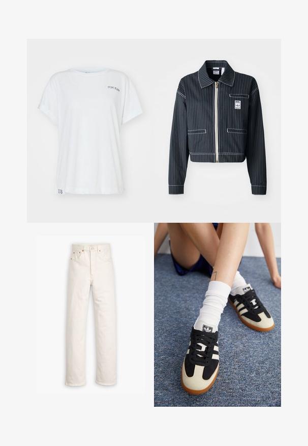 Čierna skrátená bunda s bielymi pásikmi, so zipsom vpredu, s špicatým golierom, jednou náprsníkou a logom. Vyrobená z textúrovanej tkaniny.; Biela bavlnená tričko s rolovanými rukávmi a okrúhlym výstrihom, s malým potlačeným logom v sivej farbe na prednej strane a číselným detailom na spodnom leme.; Biele džínsy z denimu so stright-leg strihom, päť-vreckovým štýlom a medenými kovovými doplnkami. Nerovný lem na členkoch.; Čierno-biele športové topánky so zvrškom z semišu a kože, s tromi bielymi prúžkami a gumenou podrážkou. Pár je kombinovaný s bielymi ponožkami.