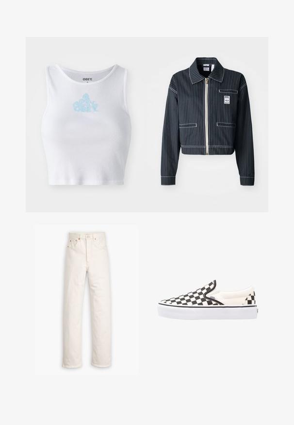 Zwarte cropped jasje met witte streepjes, rits aan de voorkant, puntige kraag, één borstzak en logo-label. Gemaakt van een gestructureerde stof.; Witte geribbelde crop top met een ronde halslijn en een lichtblauwe "OBEY" logo in het midden van de borst. Soepele textuur en aansluitend ontwerp.; Witte denim jeans met een recht gesneden ontwerp, vijf zakken en koperen hardware accenten. Afgeronde zoom aan de enkels.; Zwart-wit geblokte slip-on Vans schoenen met een canvas bovenwerk, rubberen buitenzool en gewatteerde kraag. Vlakke, ronde neus met witte zoolaccenten.