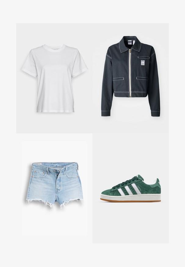 Casaco curto preto com riscas brancas, fecho com zíper à frente, gola pontuda, um bolso no peito e etiqueta de logotipo. Feito de um tecido texturizado.; T-shirt branco de algodão com mangas curtas, gola redonda e um corte descontraído. Textura suave, sem padrões ou gráficos, design básico.; Calções de ganga azul claro com cintura alta, bainha desfiada, design de cinco bolsos e costuras contrastantes. Dois botões no fecho frontal.; Tênis de camurça verde com riscas de couro branco, sola de borracha, colarinho acolchoado e design minimalista. Apresenta uma marcação na lateral.