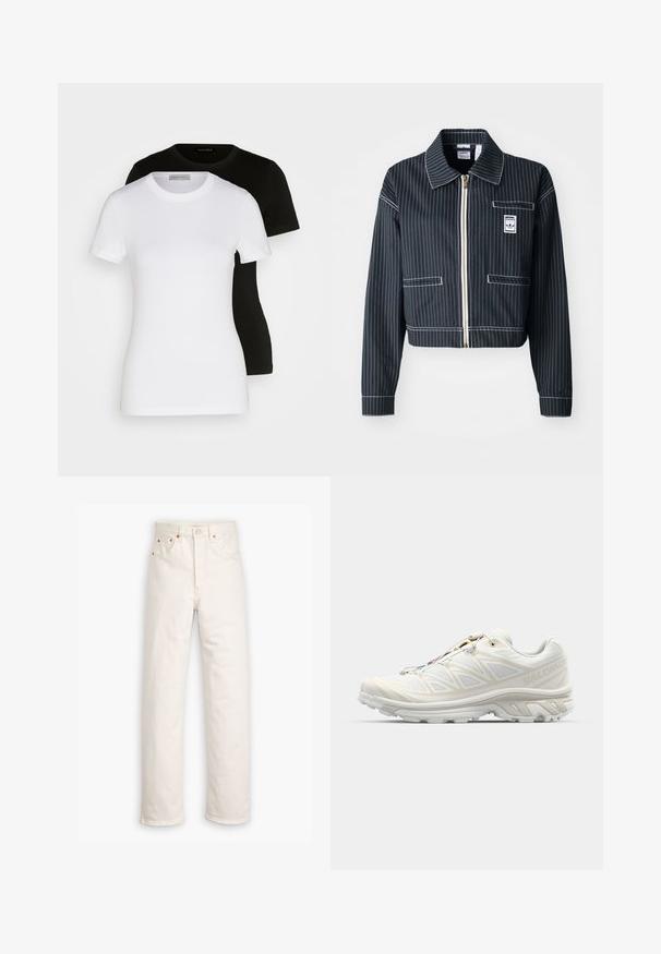 Črn skrajšan jopič z belimi črtami, z zadrgo spredaj, s koničastim ovratnikom, enim prsnim žepom in oznako logotipa. Narejen iz teksturirane tkanine.; Dve kratke majice z dolgimi rokavi v črni in beli barvi. Narejene iz gladkega bombaža, z klasičnim okroglim izrezom in rednim krojem.; Bela denim kavbojke s ravnim krojem, petimi žepi in bakrenimi dodatki. Neobdelani robovi na gležnjih.; Bela tekaška čevlja z zračnim mrežastim zgornjim delom, teksturiranimi detajli in oblazinjenim podplatom. Ima sistem hitrega vezanja za enostavno prilega.