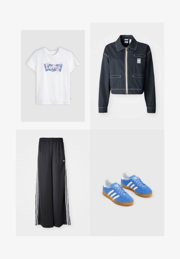 Fekete, rövidített kabát fehér csíkozással, cipzáros előlappal, hegyes gallérral, egy mellzsebbel és logó címkével. Texturált anyagból készült.; Fehér pamutzászló póló, amelyen egy kék Levi's logó látható virágos díszítéssel. Rövid ujjai és kerek nyakrésze laza fazont biztosít.; Fekete, bő szárú nadrág vertikális fehér csíkokkal, rugalmas derékkal és három fehér csíkkal az oldalon. Az Adidas logó elöl található.; Kék velúr sportcipők fehér csíkos díszítéssel, gumi talppal és párnázott nyakkal a kényelem érdekében. Hagyományos fűzős dizájnnal rendelkezik.