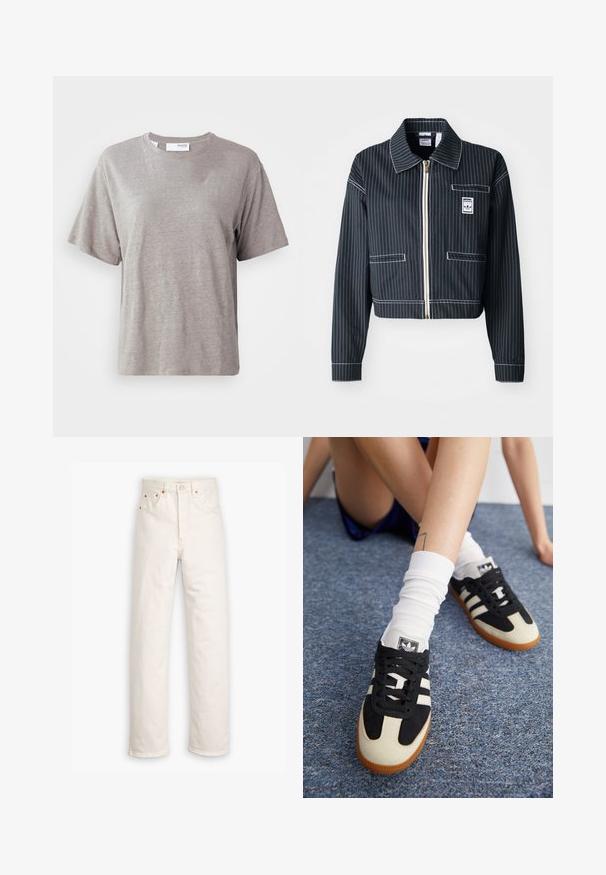 Jachetă neagră, scurtă, cu dungi albe, cu fermoar frontal, guler ascuțit, o buzunar pe piept și etichetă cu logo. Fabricată dintr-un material texturat.; Tricou gri deschis cu mânecă scurtă din material moale, cu un guler rotund și o croială lejeră, fără modele sau accente evidențiate.; Jeanși din denim alb cu un design cu picior drept, stil cu cinci buzunare și accente de metal cupru. Terminare brută la glezne.; Pantofi sport alb-negru cu un superior din piele întoarsă și piele, având trei dungi albe și o talpă din cauciuc. Pereche purtată cu sosete albe.