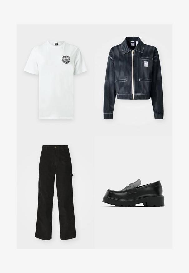 Μαύρο κοντό πανωφόρι με λευκές ρίγες, μπροστινό φερμουάρ, μυτερό γιακά, μία τσέπη στο στήθος και ετικέτα λογότυπου. Κατασκευασμένο από υφασμάτινη υφή.; Λευκή βαμβακερή μπλούζα με στρογγυλό μαύρο και πράσινο λογότυπο στο αριστερό στήθος. Κλασικό κολάρο και κοντά μανίκια με απλή υφή.; Μαύρο παντελόνι κοτλέ με ίσια γραμμή, διαθέτει κλείσιμο με κουμπί και πλαϊνές τσέπες. Απαλή υφή με λεπτές κατακόρυφες ρίγες.; Μαύρα δερμάτινα loafers με χοντρή υφασμάτινη σόλα, που διαθέτουν λωρίδα πάνω από το βεντ και λείο, γυαλισμένο φινίρισμα.