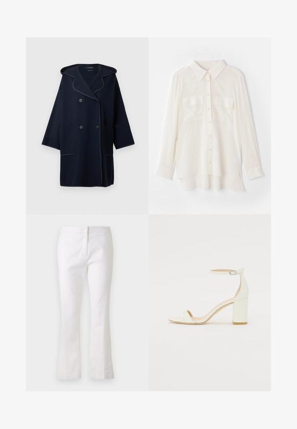 Manteau bleu marine croisé avec capuche, doté de manches courtes, de deux poches avant et d'une garniture contrastante le long des bords.; Chemise blanche à boutons en tissu léger. Présente un col classique, deux poches poitrine et un ourlet arrière légèrement plus long.; Pantalons évasés blancs en tissu léger. Dotés d'un devant plat avec une fermeture éclair et d'une texture lisse. Design simple et épuré.; Sandale à talon bloc en cuir blanc avec une bride de cheville à boucle et un design minimaliste. Bout ouvert et textures lisses sur l'ensemble.